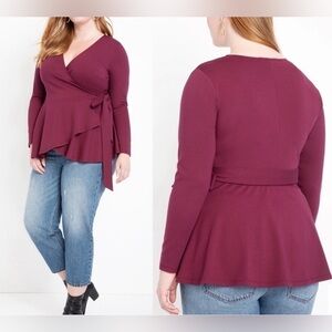 Eloquii Peplum Wrap Blouse V-Neck Long Sleeve Wine Maroon Adjustable 18